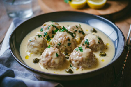 Authentische Königsberger Klopse (deutsche Fleischbällchen in Kapernsauce)